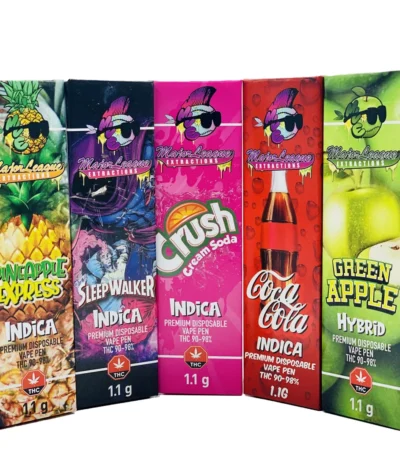 The Major League Extractions Vape Pen, or MLE Pen, is a high-potency disposable THC vape pen designed for cannabis users seeking convenience and discreet consumption. Each MLE Vape Pen is filled with pure THC distillate, boasting THC levels between 90%-98%. This disposable pen features organic terpenes for an authentic taste profile, mimicking the aroma and flavor of popular strains. The MLE Vape Pen is rechargeable with a micro-USB port, ensuring users can finish the entire product without interruption. The compact design makes this pen easy to carry, ideal for on-the-go use. Perfect for both recreational and therapeutic users, MLE Vape Pens deliver a smooth, flavorful vaping experience that promotes relaxation, mental clarity, and stress relief. This high-quality pen caters to experienced users looking for potent THC effects in a convenient, disposable format, providing a satisfying vaping experience with each use. Major League Extractions offers this vape pen as a premium choice for those who prioritize potency, flavor, and ease of use in their cannabis experience.